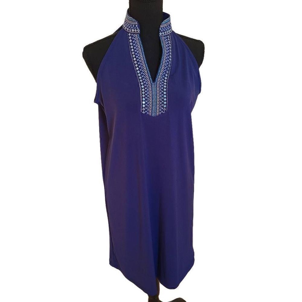 Sunset & Sweet Tea Womens Blue Jersey Knit Sleeveless Halter Dress Medium